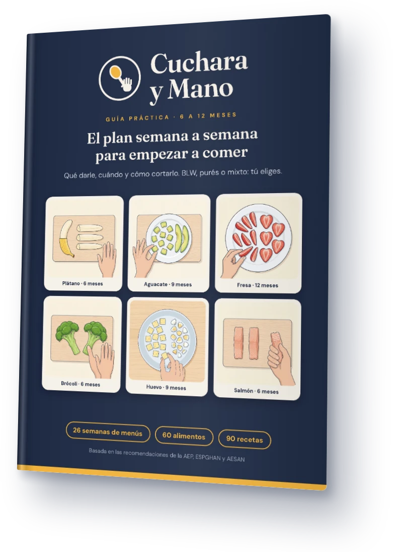 Portada ilustrada de Cuchara y Mano, guía de 6 a 12 meses: el plan semana a semana para empezar a comer
