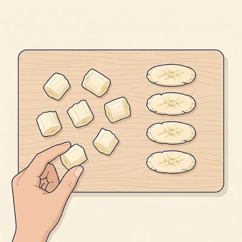 Plátano cortado para un bebé de 9 meses, junto a una mano adulta como referencia de tamaño